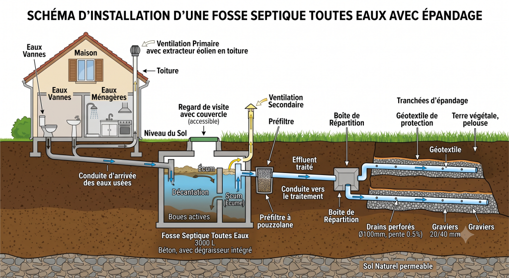 Schéma d'installation d'une fosse septique toutes eaux : Tout Savoir
