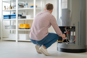 personne-agenouillee-vanne-chauffe-eau