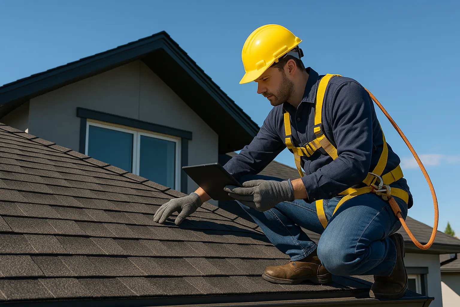 <strong>Expert inspectant une toiture</strong> en plein jour avec des outils professionnels