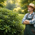 jardinier-reflechissant-rhododendron-jardin-verdoyant