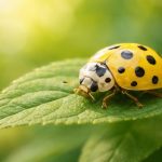 coccinelle-jaune-feuille-verte-floue