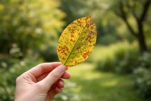 main-feuille-jaunie-jardin-verdoyant
