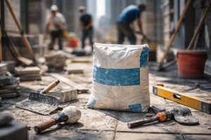 chantier-ouvriers-sac-mortier-outils