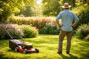 jardin-ensoleille-tondeuse-haie-fleurie